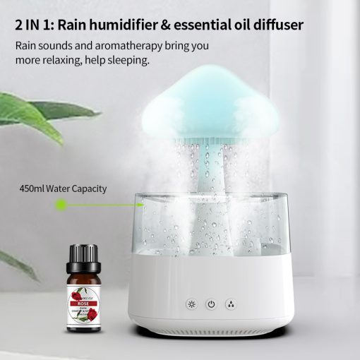 2-w-1 Biurkowa Lampa Nawilżacz Powietrza Chmura Deszczowa Aromaterapia Olejek Eteryczny Zen Dyfuzor &amp; Lampa Grzybowa Nocna Chmura Deszczowa