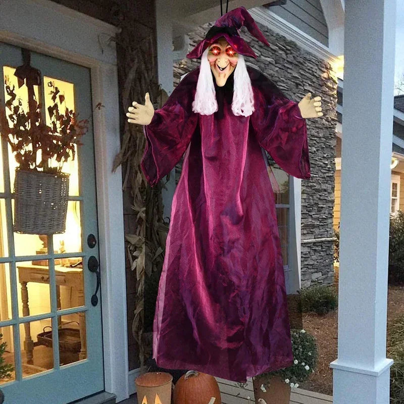 Animowana dekoracja czarownicy na Halloween z dźwiękiem i świecącymi oczami
