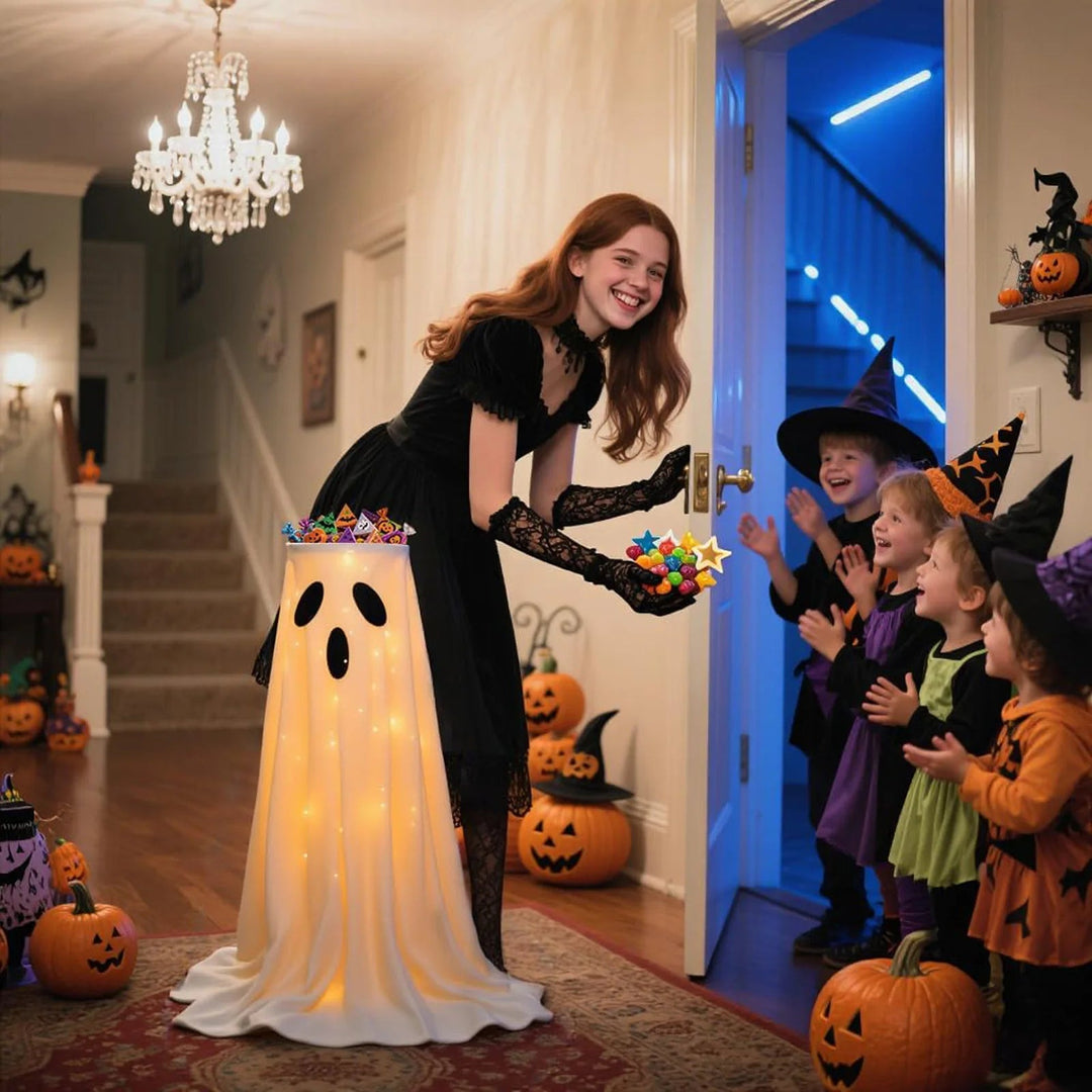 Oświetlony stojak na misę z cukierkami na Halloween z wzorem ducha