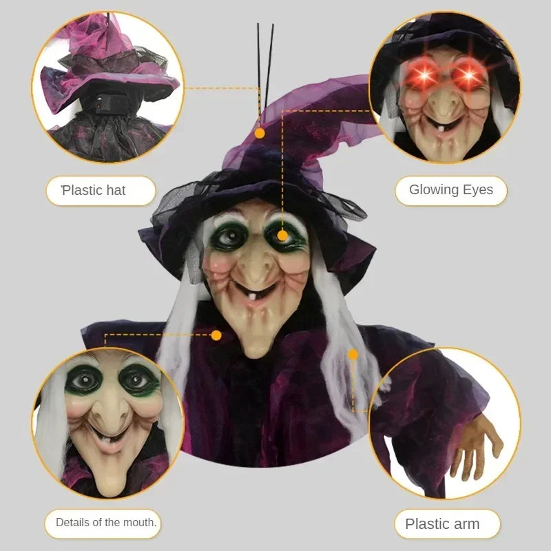 Animowana dekoracja czarownicy na Halloween z dźwiękiem i świecącymi oczami