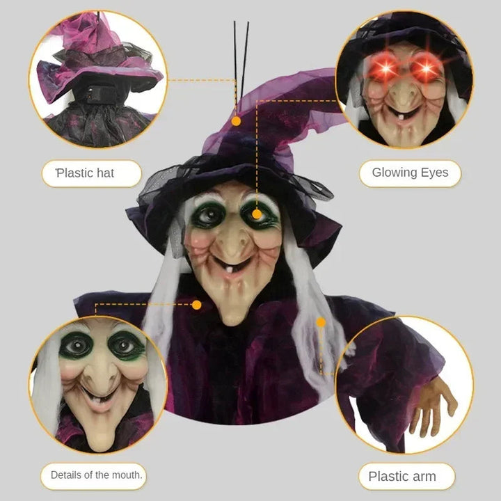 Animowana dekoracja czarownicy na Halloween z dźwiękiem i świecącymi oczami