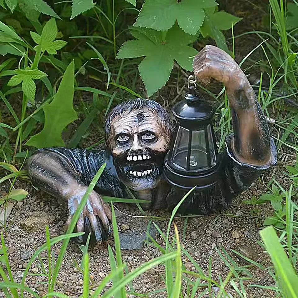 Straszna dekoracja zombie na Halloween na zewnątrz z lampką LED