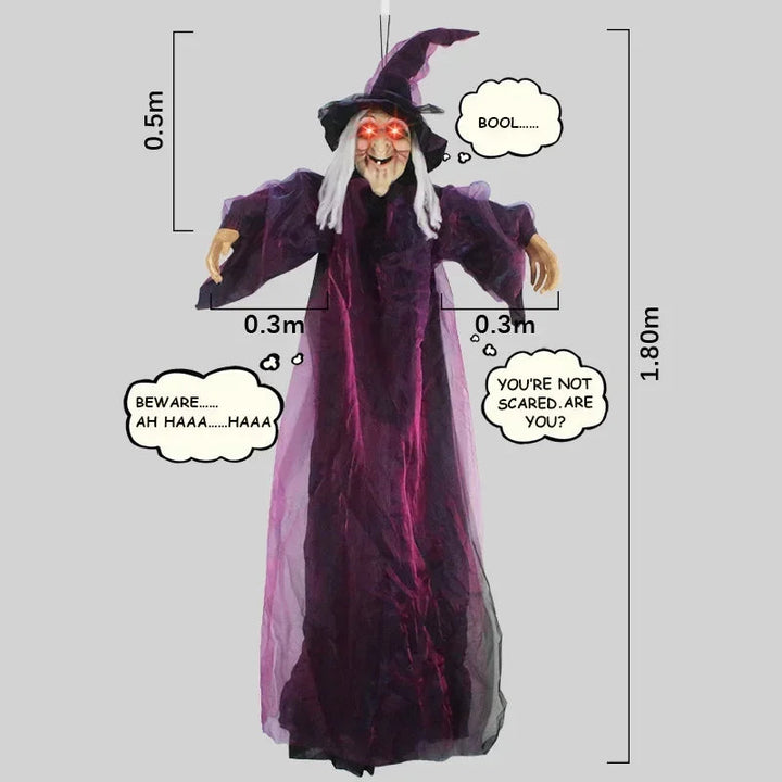 Animowana dekoracja czarownicy na Halloween z dźwiękiem i świecącymi oczami