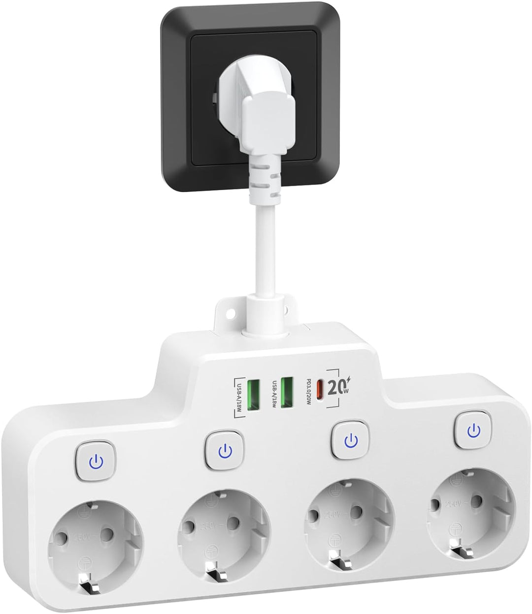Listwa zasilająca montowana na ścianie z niezależnym włącznikiem - 2 USB A i 1 USB C