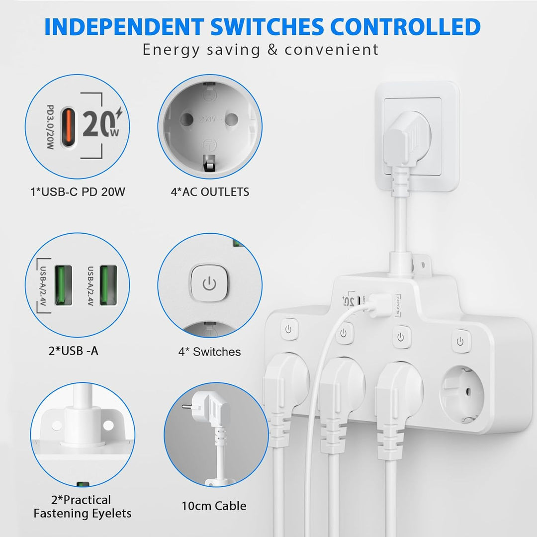 Listwa zasilająca montowana na ścianie z niezależnym włącznikiem - 2 USB A i 1 USB C