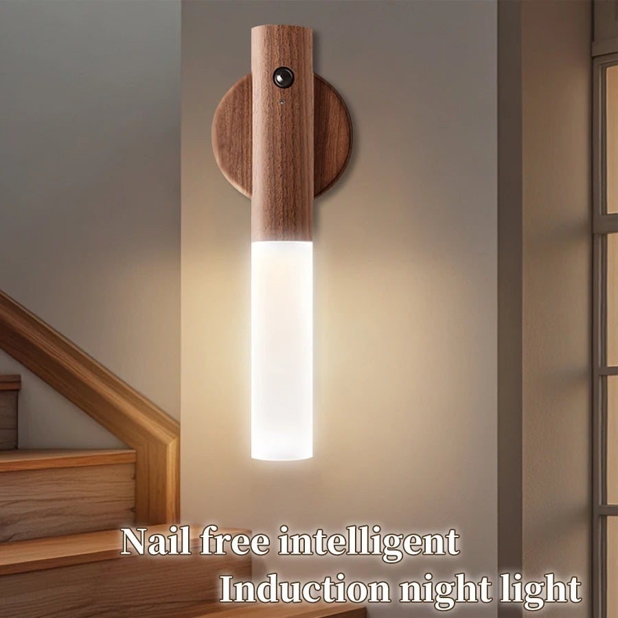 Czujnik Ruchu Lampka Nocna z Drewnianym Wykończeniem i Magnetyczną Podstawą