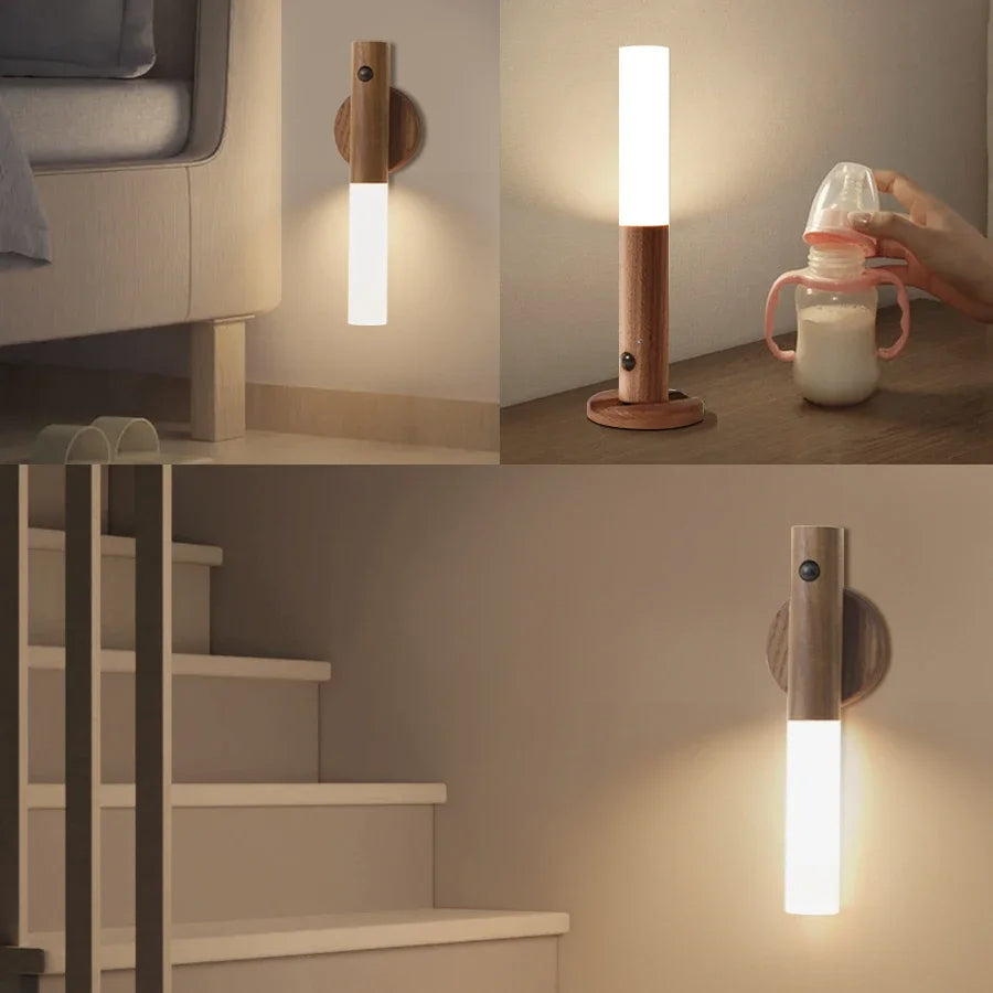 Czujnik Ruchu Lampka Nocna z Drewnianym Wykończeniem i Magnetyczną Podstawą