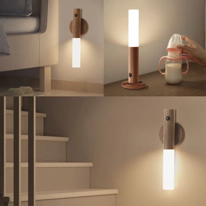 Czujnik Ruchu Lampka Nocna z Drewnianym Wykończeniem i Magnetyczną Podstawą