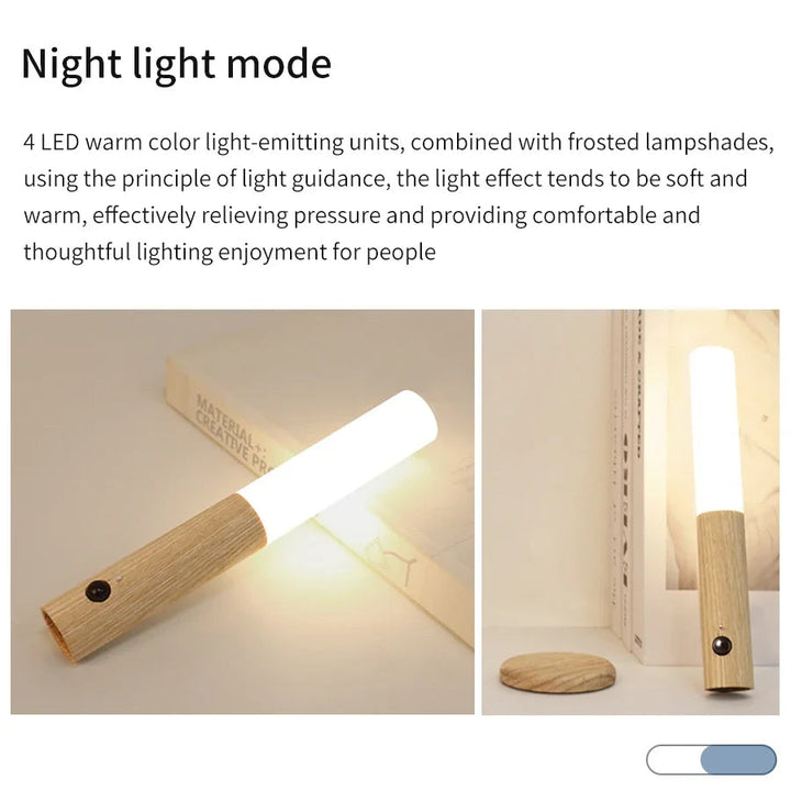Czujnik Ruchu Lampka Nocna z Drewnianym Wykończeniem i Magnetyczną Podstawą