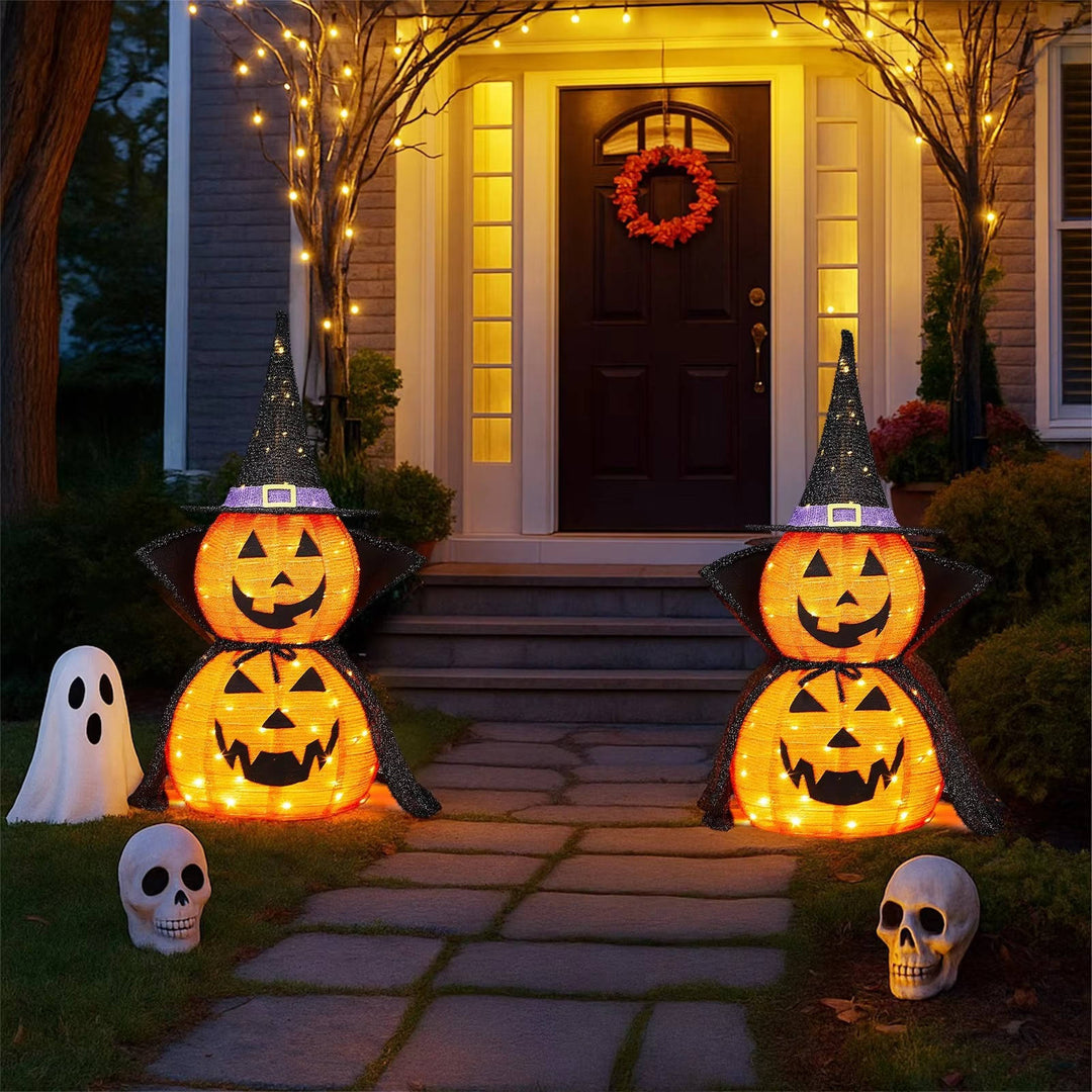 2 szt. 3ft Halloween Składana Oświetlona Dekoracja Dyniowa do Ogrodu na Zewnątrz/Wewnątrz