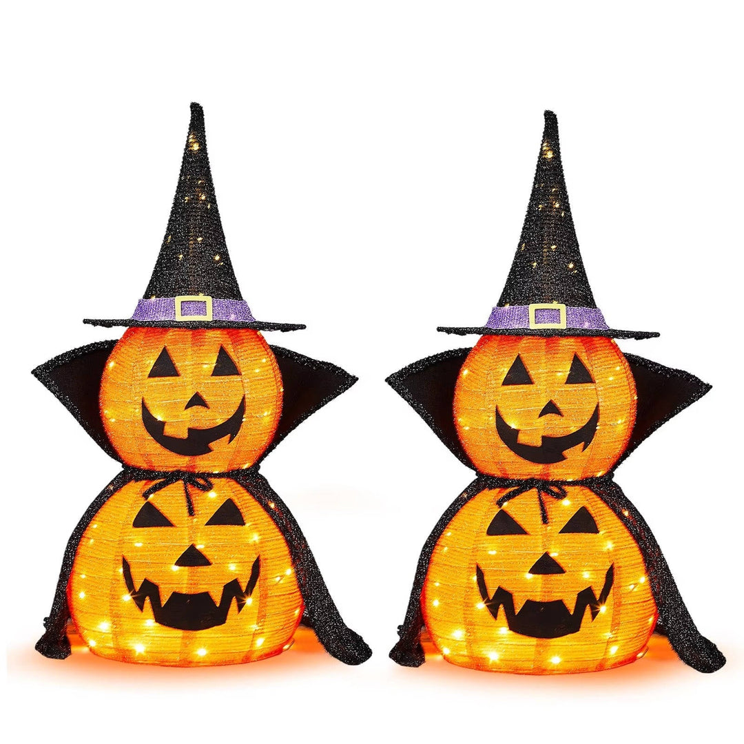 2 szt. 3ft Halloween Składana Oświetlona Dekoracja Dyniowa do Ogrodu na Zewnątrz/Wewnątrz