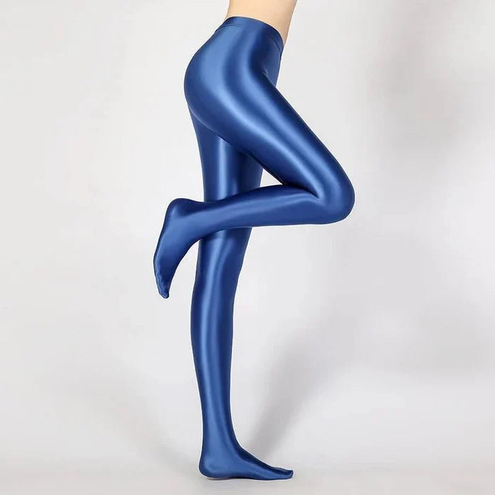 Błyszczące Opaque Lśniące Pończochy na Wysokim Talii - Wysokiej Elastyczności Skinny Leggings Spodnie Ołówkowe
