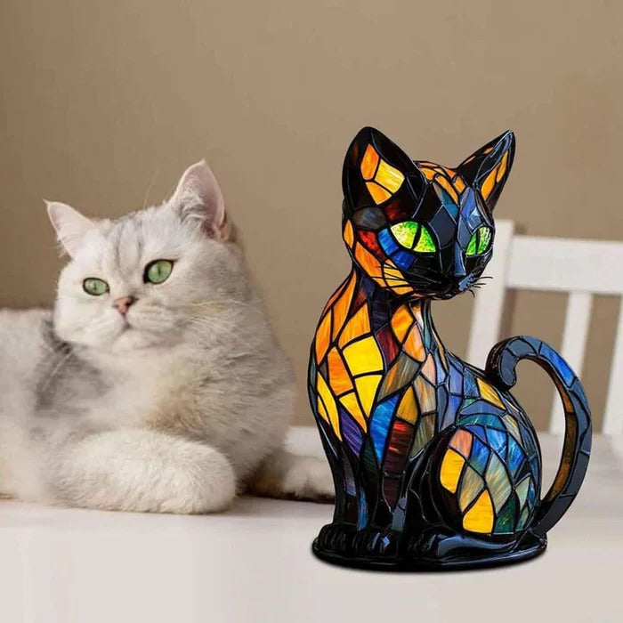 Lampa Stołowa z Witrażem w Kształcie Kota
