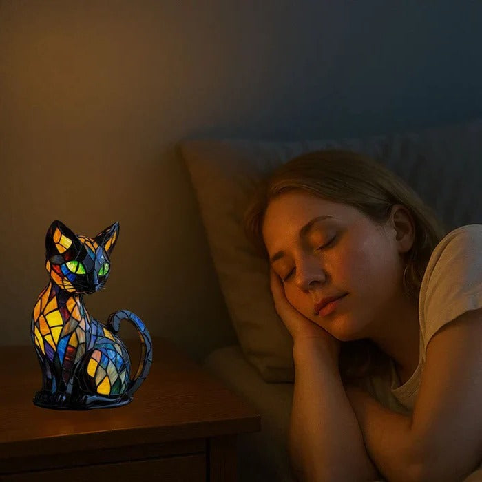 Lampa Stołowa z Witrażem w Kształcie Kota