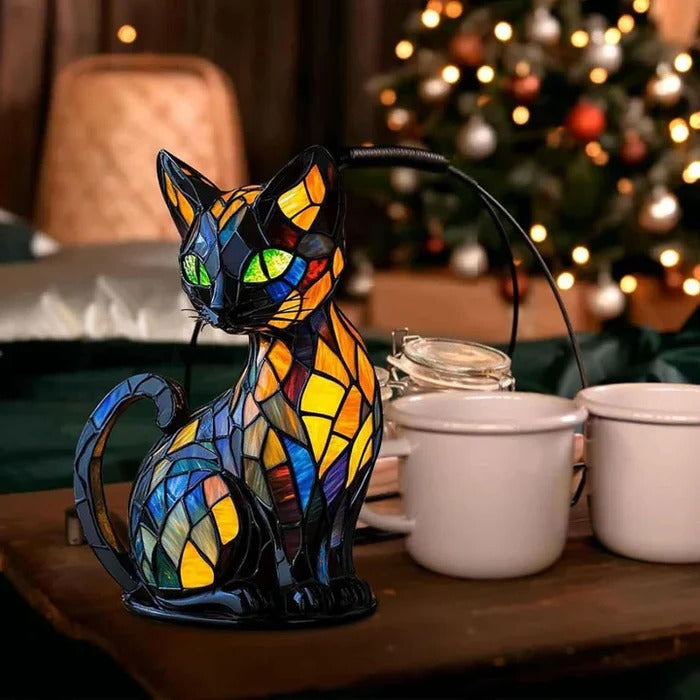 Lampa Stołowa z Witrażem w Kształcie Kota