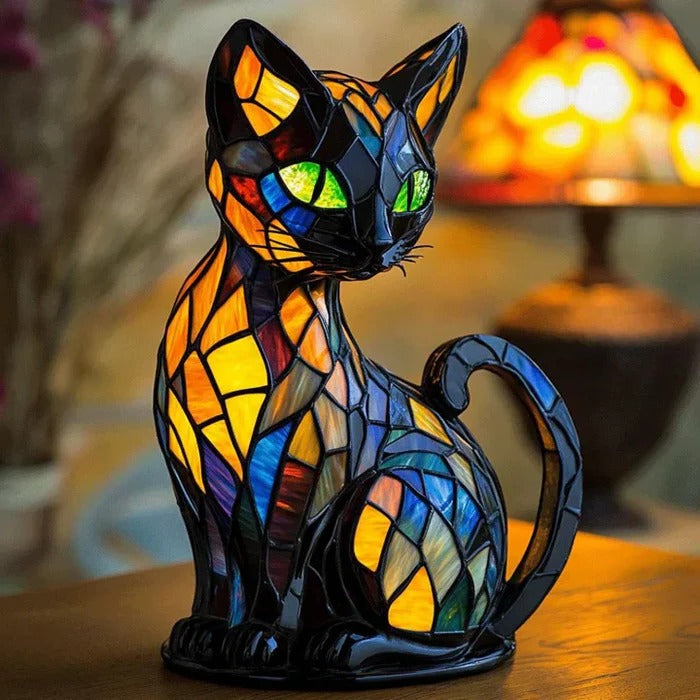 Lampa Stołowa z Witrażem w Kształcie Kota