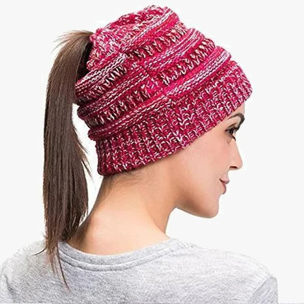 Czapka z kucykiem Messy Bun dla kobiet, solidna, prążkowana