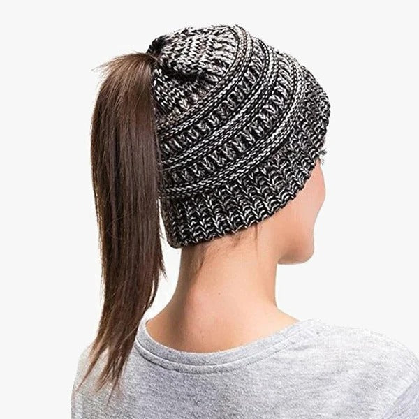 Czapka z kucykiem Messy Bun dla kobiet, solidna, prążkowana