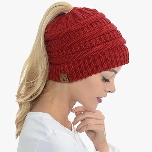Czapka z kucykiem Messy Bun dla kobiet, solidna, prążkowana