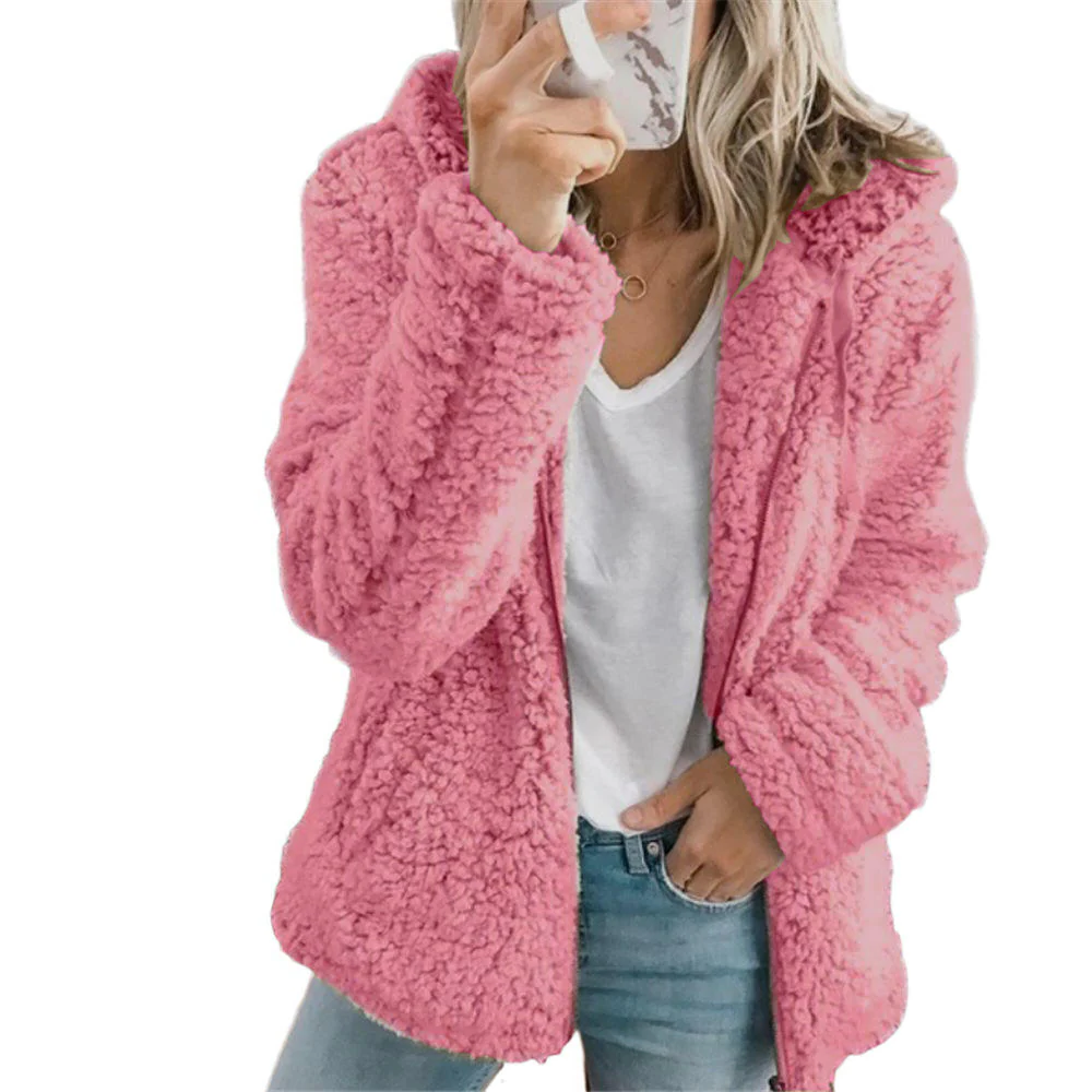 Elegancki Płaszcz Teddy z Futra: Miękki Płaszcz Fleece z Kieszeniami i Zipperem