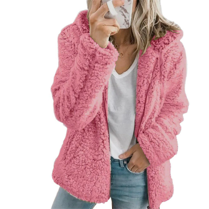 Elegancki Płaszcz Teddy z Futra: Miękki Płaszcz Fleece z Kieszeniami i Zipperem