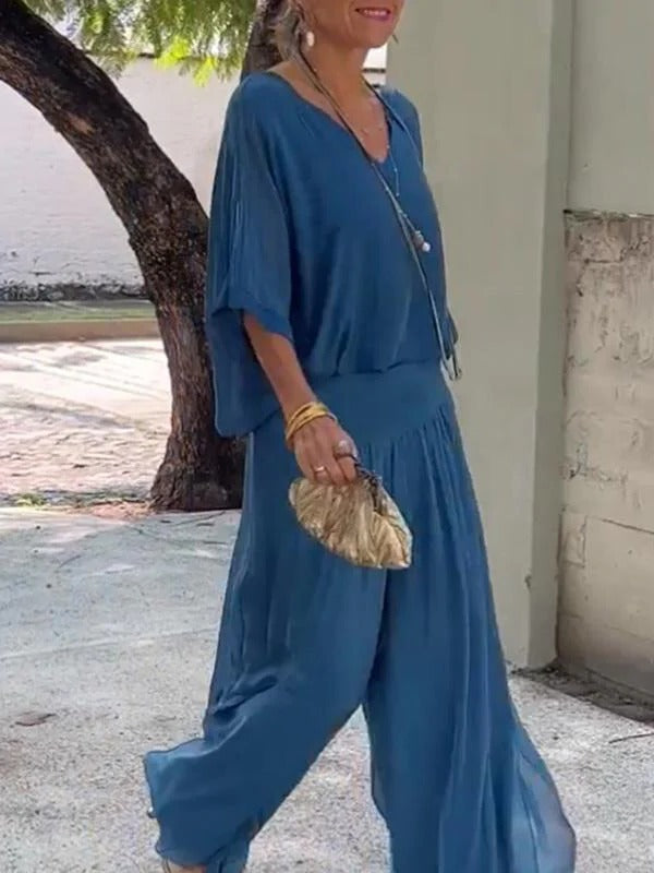 Eleganckie, dwuczęściowe spodnie z szerokimi nogawkami z szyfonu