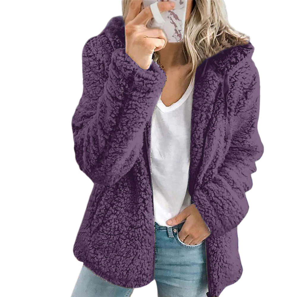 Elegancki Płaszcz Teddy z Futra: Miękki Płaszcz Fleece z Kieszeniami i Zipperem