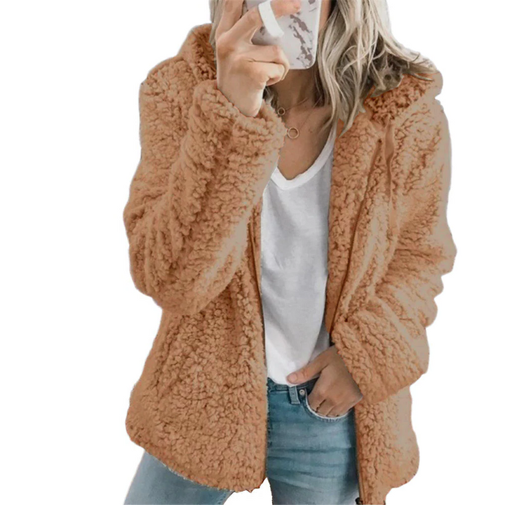 Elegancki Płaszcz Teddy z Futra: Miękki Płaszcz Fleece z Kieszeniami i Zipperem