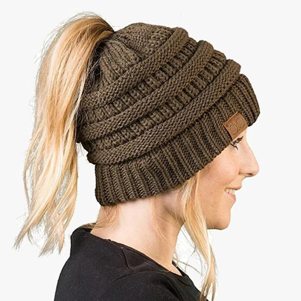 Czapka z kucykiem Messy Bun dla kobiet, solidna, prążkowana