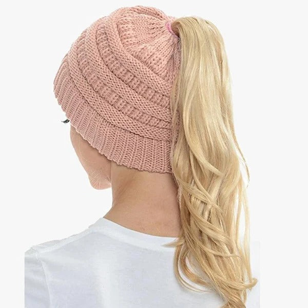Czapka z kucykiem Messy Bun dla kobiet, solidna, prążkowana