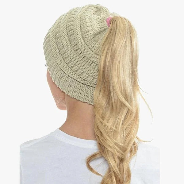 Czapka z kucykiem Messy Bun dla kobiet, solidna, prążkowana