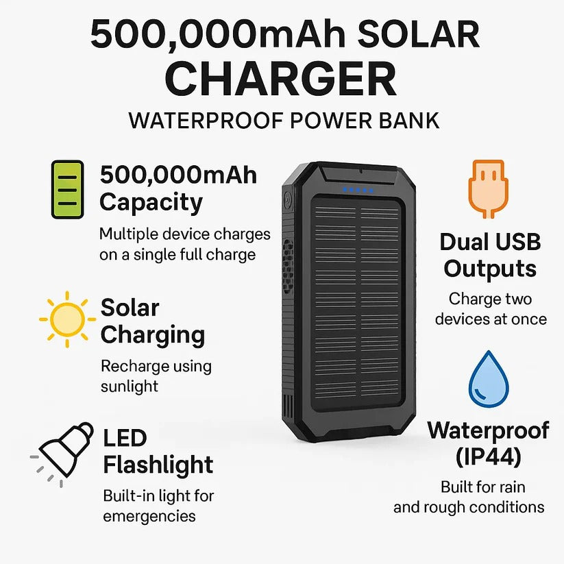 500000mAh Wodoodporny Ładowarka Słoneczna Power Bank Zewnętrzny