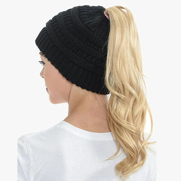 Czapka z kucykiem Messy Bun dla kobiet, solidna, prążkowana