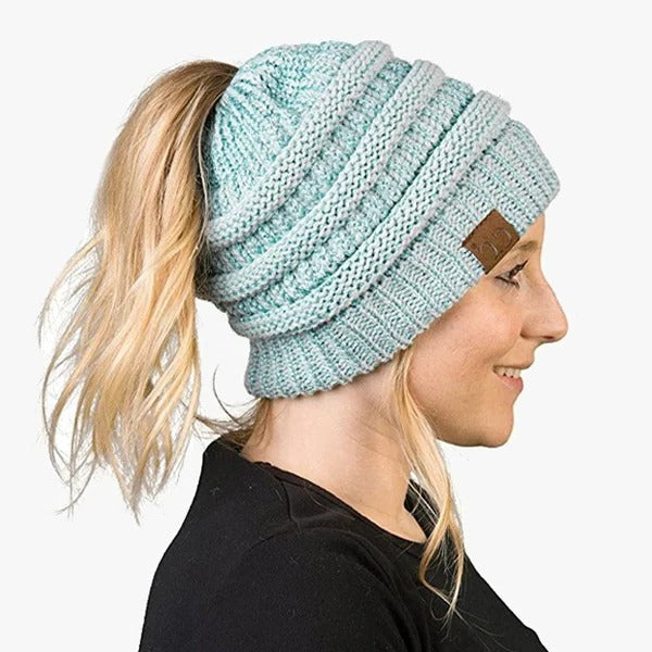 Czapka z kucykiem Messy Bun dla kobiet, solidna, prążkowana