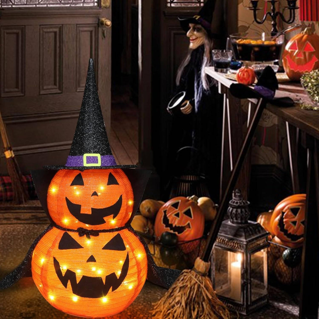 2 szt. 3ft Halloween Składana Oświetlona Dekoracja Dyniowa do Ogrodu na Zewnątrz/Wewnątrz