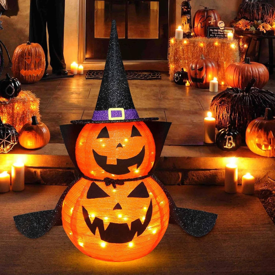 2 szt. 3ft Halloween Składana Oświetlona Dekoracja Dyniowa do Ogrodu na Zewnątrz/Wewnątrz