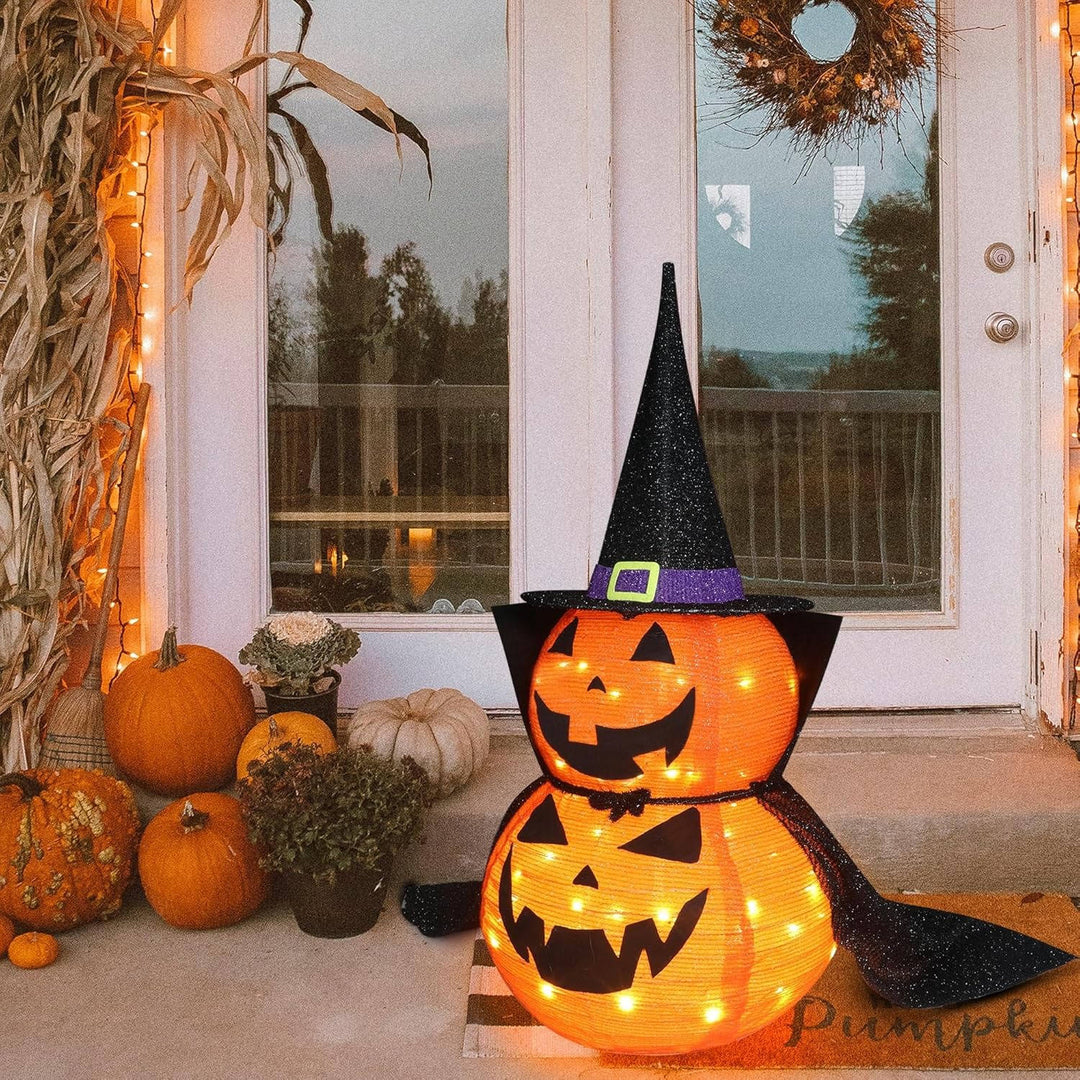 2 szt. 3ft Halloween Składana Oświetlona Dekoracja Dyniowa do Ogrodu na Zewnątrz/Wewnątrz