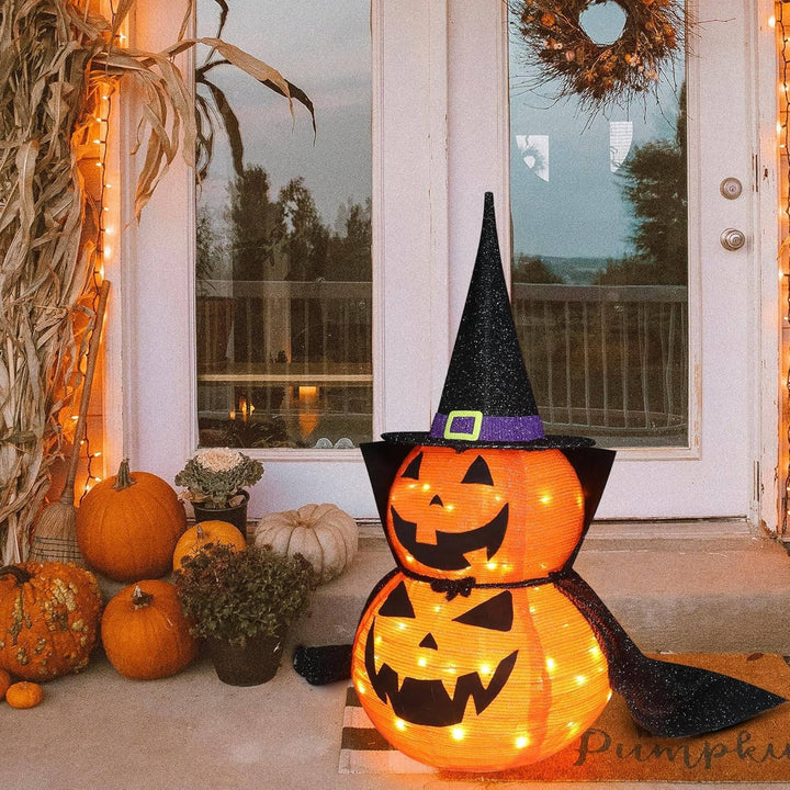 2 szt. 3ft Halloween Składana Oświetlona Dekoracja Dyniowa do Ogrodu na Zewnątrz/Wewnątrz