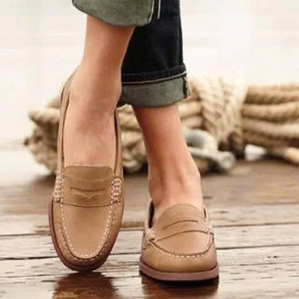 Damskie Vintage Slip On Loafers Niskie Obcasy z Skóry PU