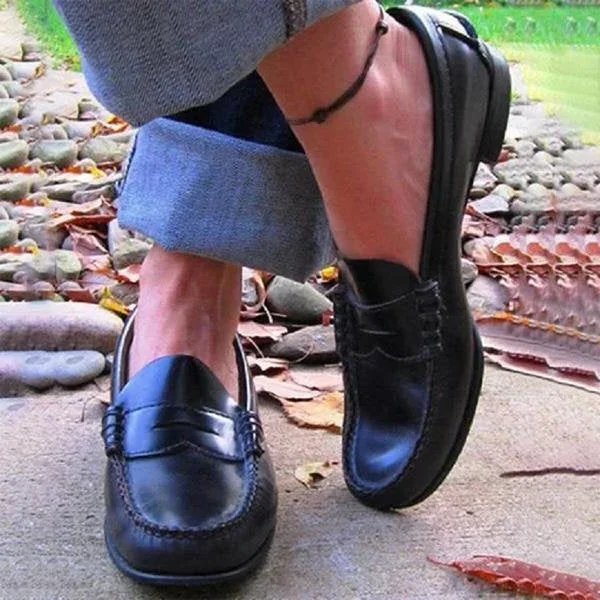 Damskie Vintage Slip On Loafers Niskie Obcasy z Skóry PU