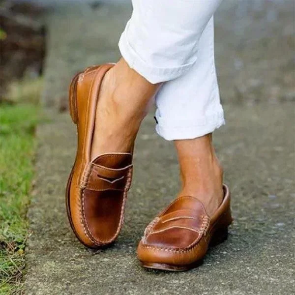 Damskie Vintage Slip On Loafers Niskie Obcasy z Skóry PU