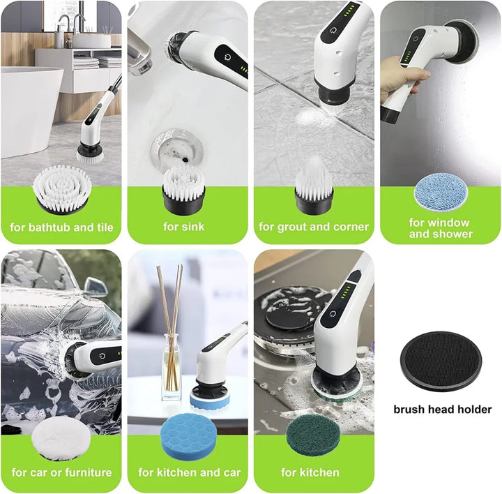 Bezprzewodowa szczotka czyszcząca Electric Spin Power Scrubber z długim uchwytem i 7 końcówkami